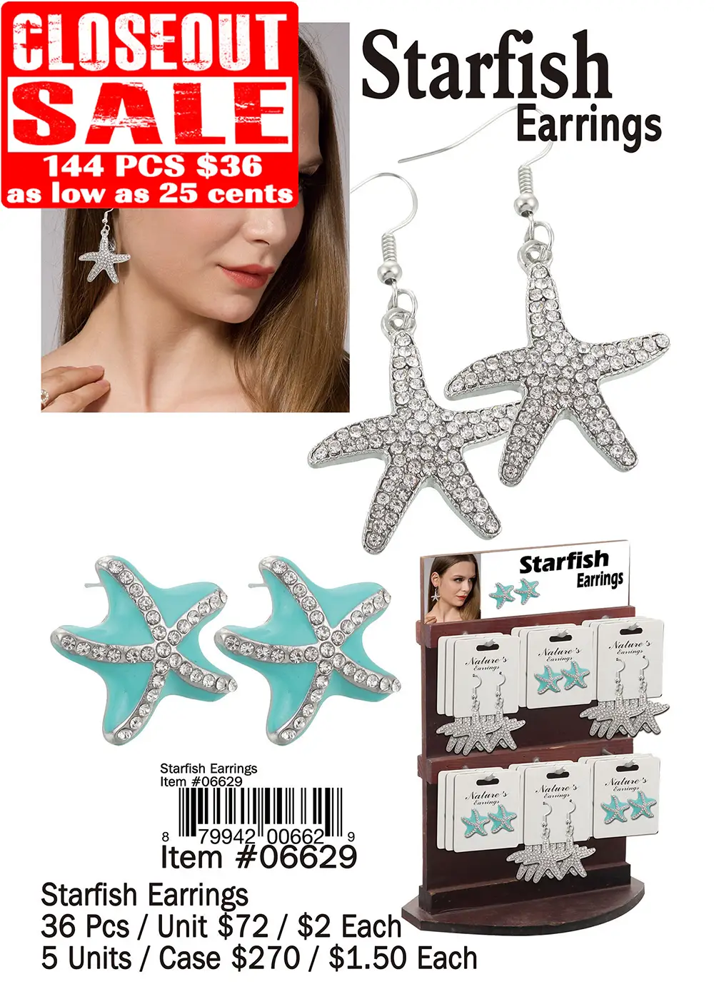 Starfish Earrings - Closeout 144 Pcs.